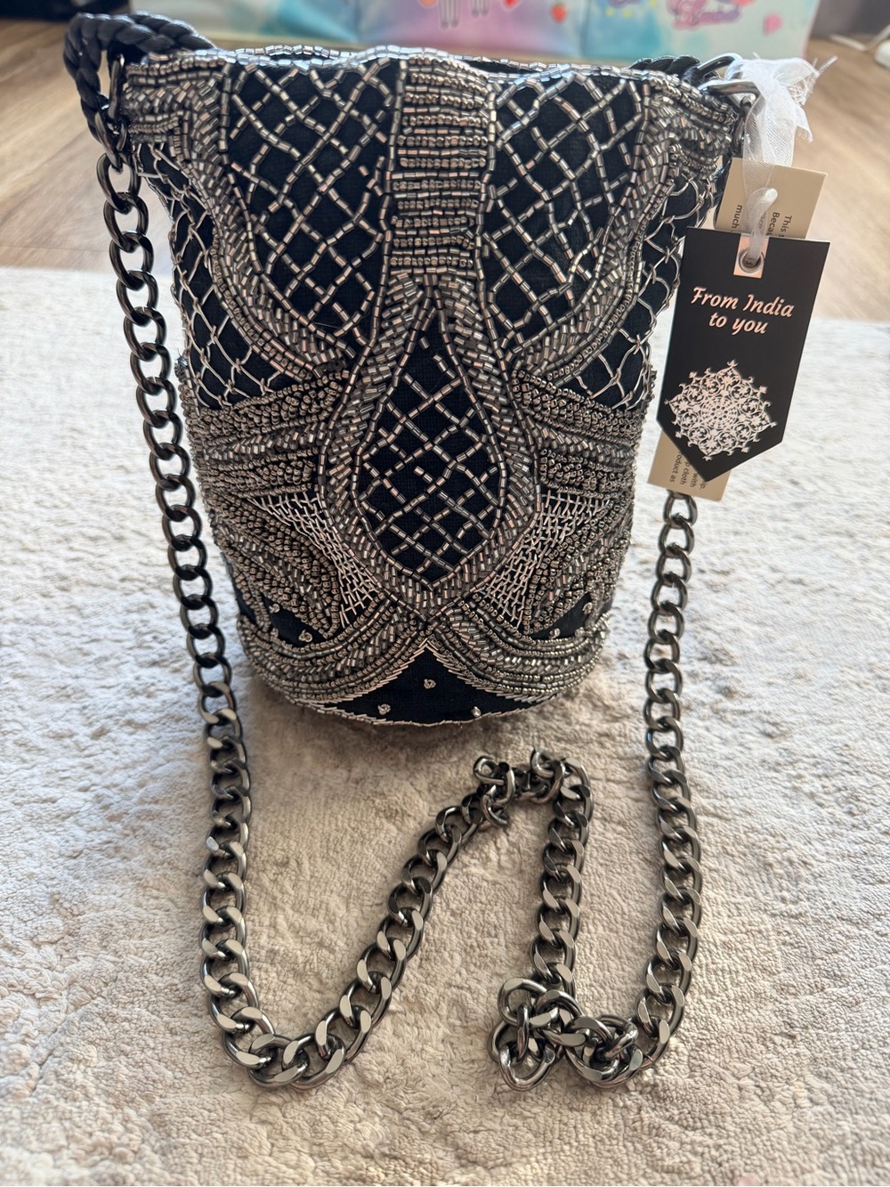 Boho Beaded Bucket Bag Crossbody Handcrafted In India Silver Crystals Black Chai